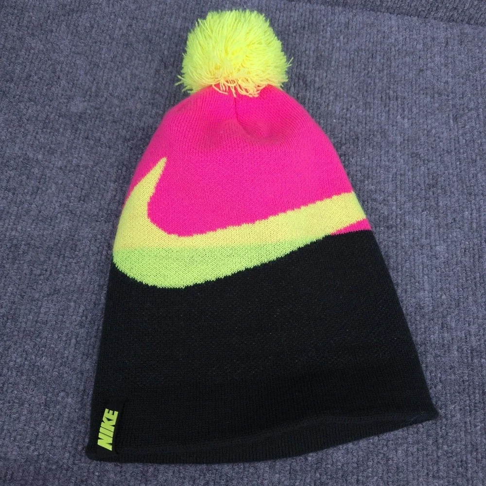 Nike Beanie Hat Girls Pink Black Big‎ Swoosh Knit Pom Cuffed One Size Winter Ski